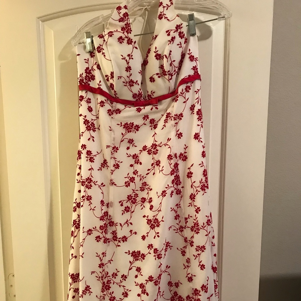Red and white formal evening gown